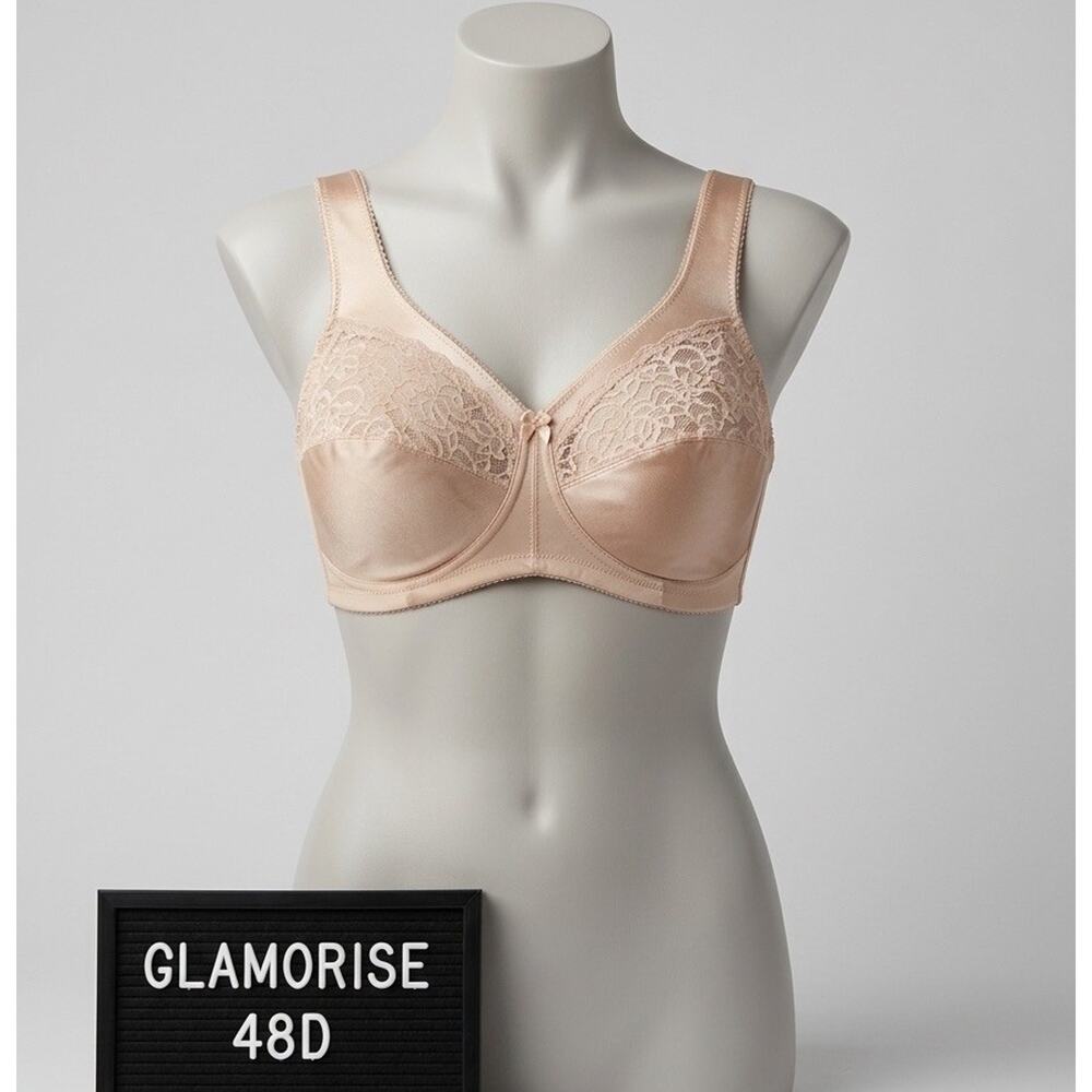 Glamorise 48D Bra Beige No Wire Unlined T-Shirt Bra Style 1000 Lace